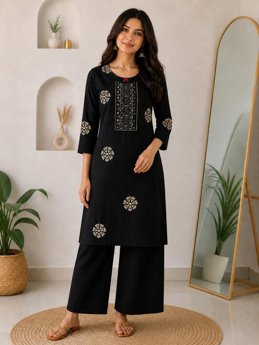 Black Printed Cotton Kurta Pant Set for Women