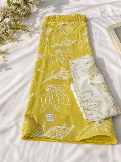 Yellow Floral Printed Cotton  Unstitched Suit Set with Dupatta