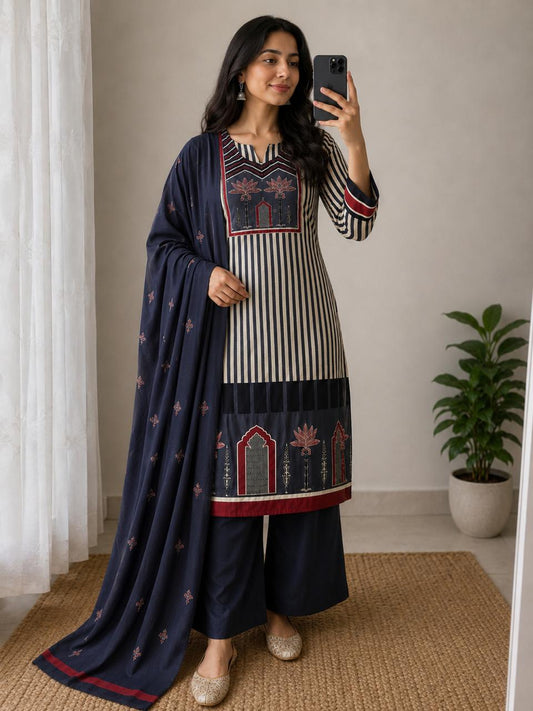 Navy Blue Striped Cotton Suit Set with Dupatta for Women