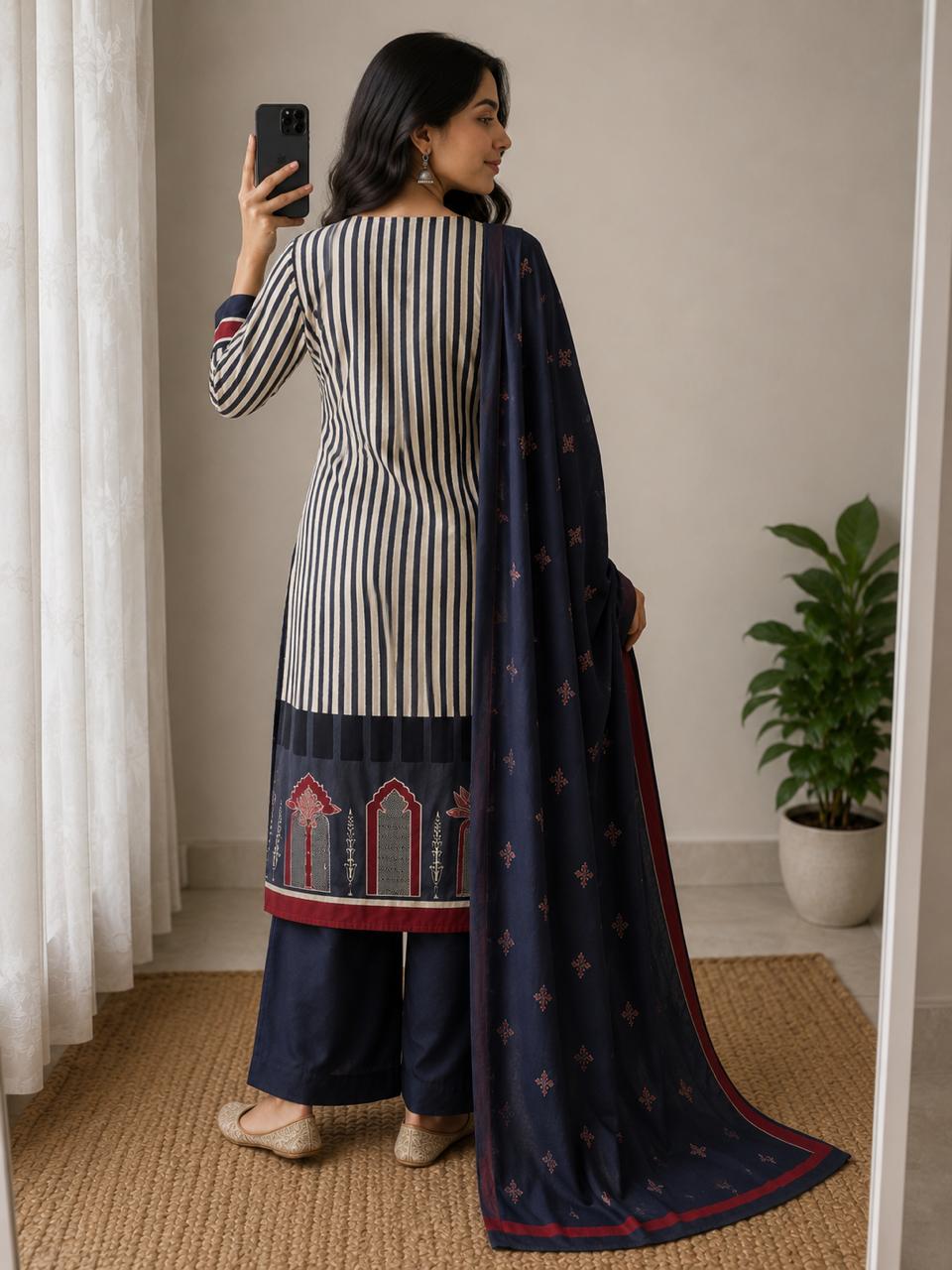 Navy Blue Striped Cotton Suit Set with Dupatta for Women