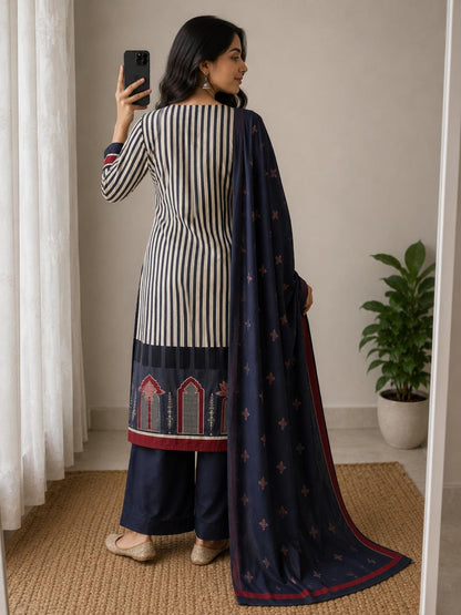Navy Blue Striped Cotton Suit Set with Dupatta for Women