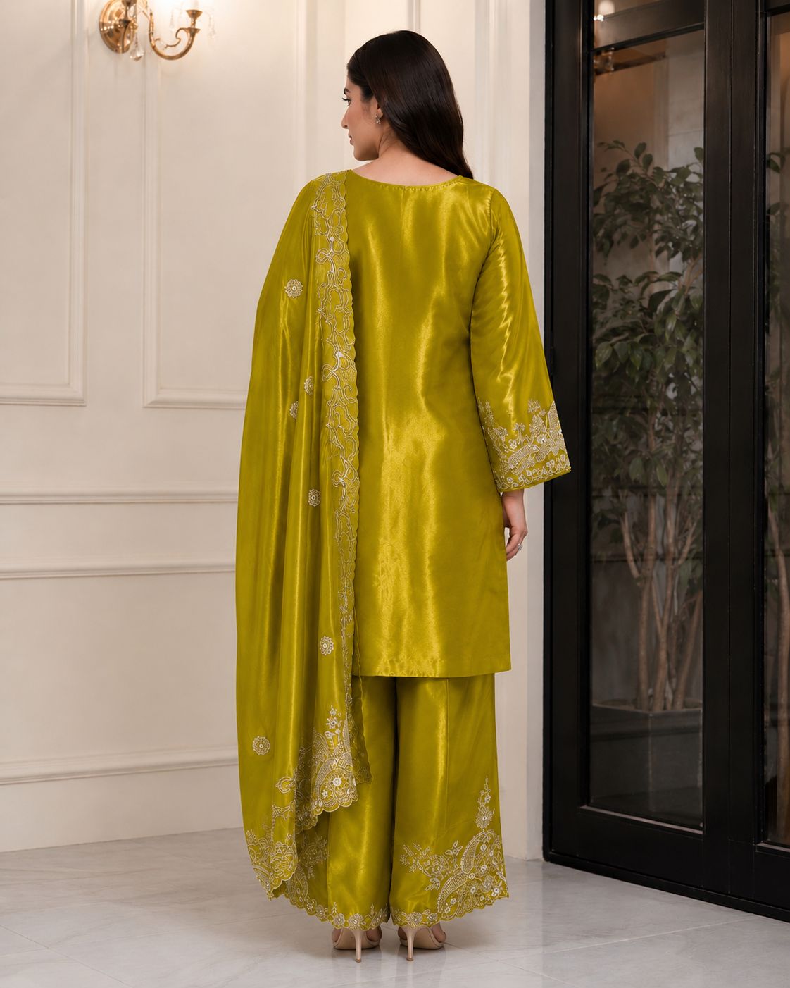 Olive Green Embroidered Suit Set with Dupatta for Women